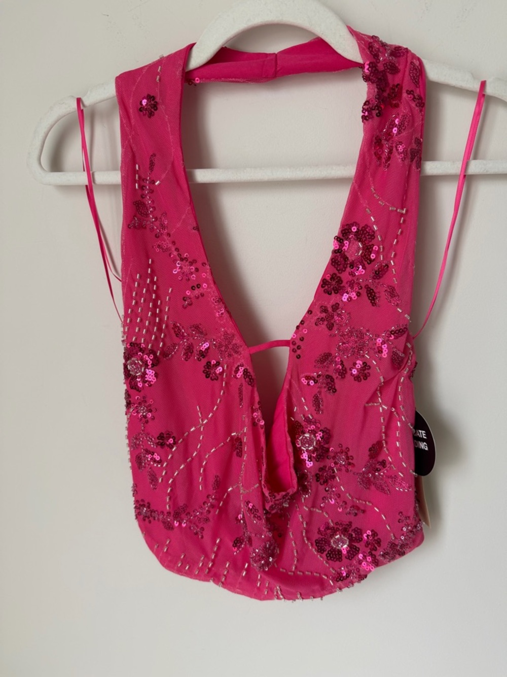 Viral Pink beaded Sequin draped Halter Top